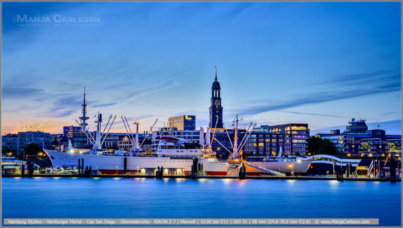 Hamburg Skyline - Hamburger Michel - Schiff Cap San Diego - Überseebrücke